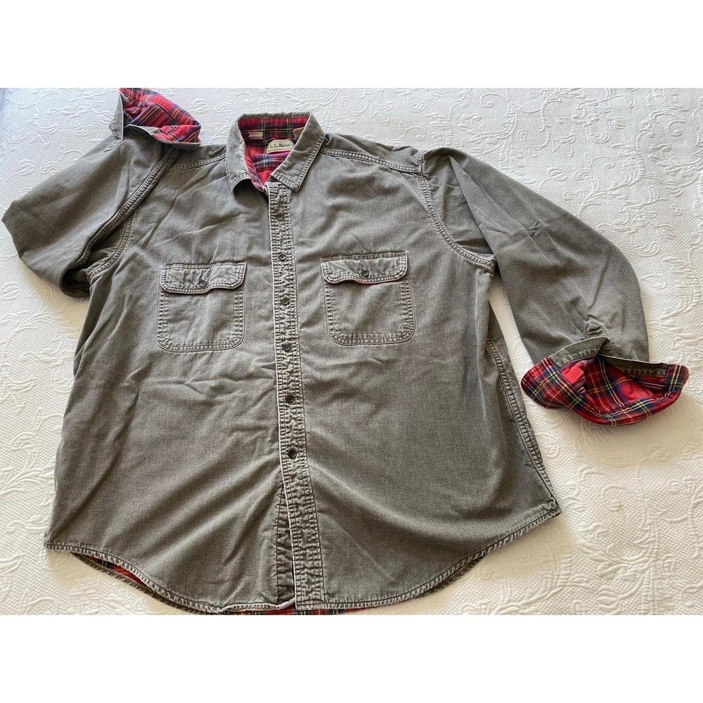 LL Bean Hurricane Men's Gray Plaid Lined Button Front Shirt Jacket XL Vtg s7